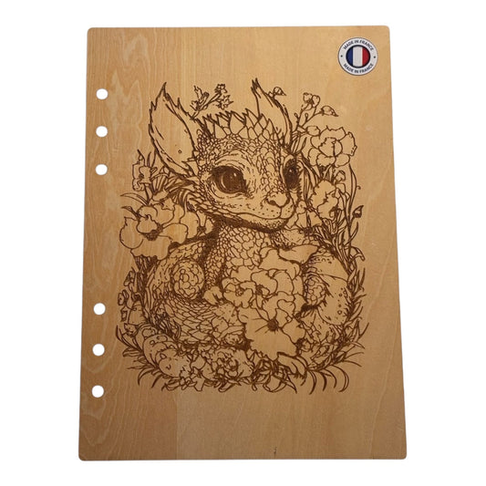 Couverture cahier  A5 dragon dans les fleurs graver au laser rechargeable et ecologique fabrication francaise et artisanale 