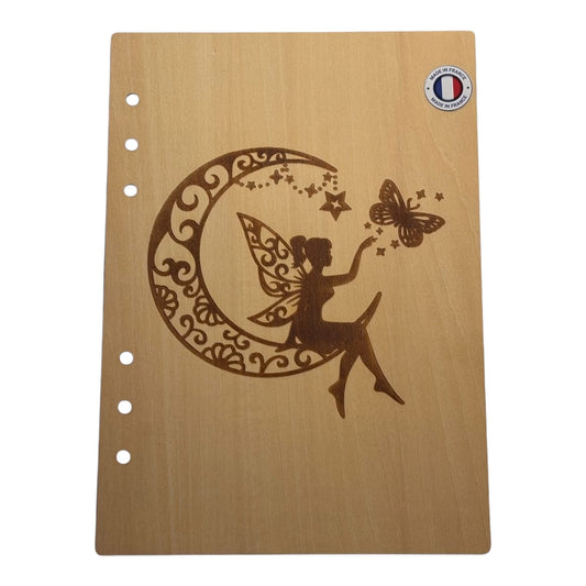 Couverture cahier  A5 fée avec lune et papillon graver au laser rechargeable et ecologique fabrication francaise et artisanale