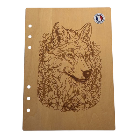 Couverture cahier A5  loup graver au laser rechargeable et ecologique fabrication francaise et artisanale