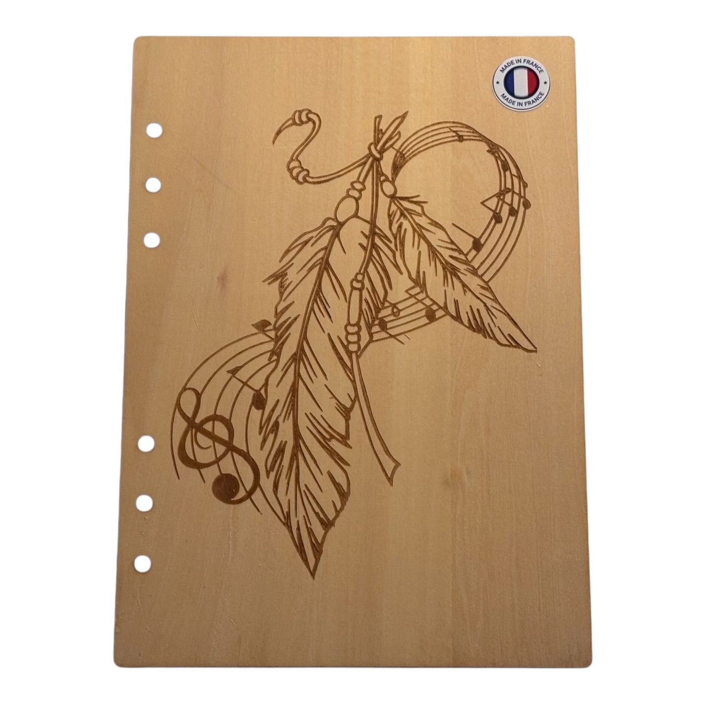 Couverture cahier A5 plume et note de musique - graver au laser rechargeable et ecologique fabrication francaise et artisannale