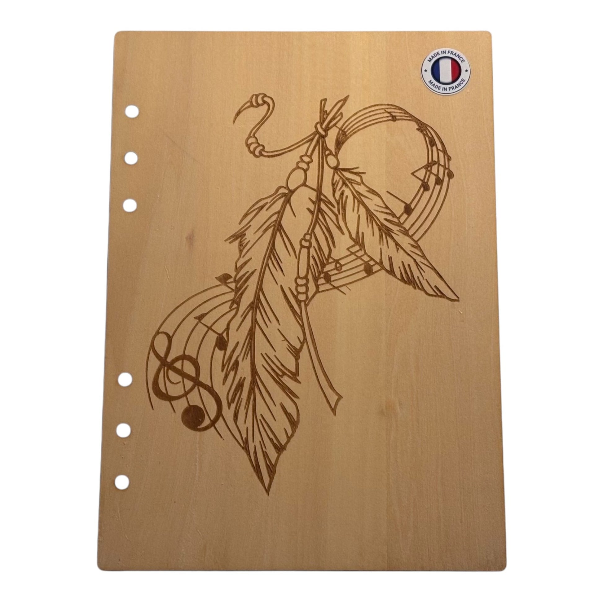 Couverture cahier A5 plume et note de musique - graver au laser rechargeable et ecologique fabrication francaise et artisannale