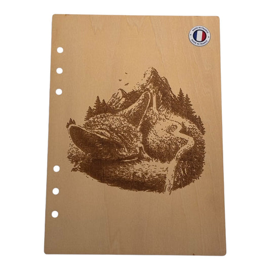 Couverture cahier  A5 renard trompe l'oeil graver au laser rechargeable et ecologique fabrication francaise et artisanale