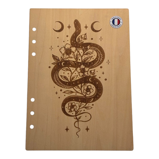  Couverture cahier A5  serpent avec lune et fleursgraver laser rechargeable et ecologique fabrication francaise et artisanale