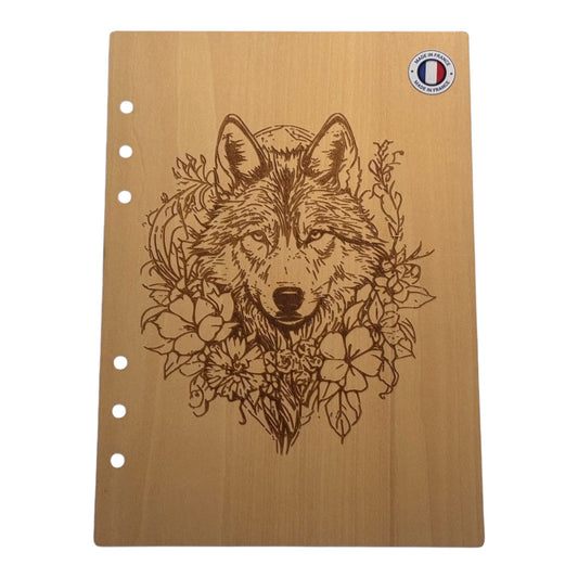Couverture cahier A5  tête de loup avec des fleurs - Graver au laser rechargeable et ecologique fabrication francaise et artisanale