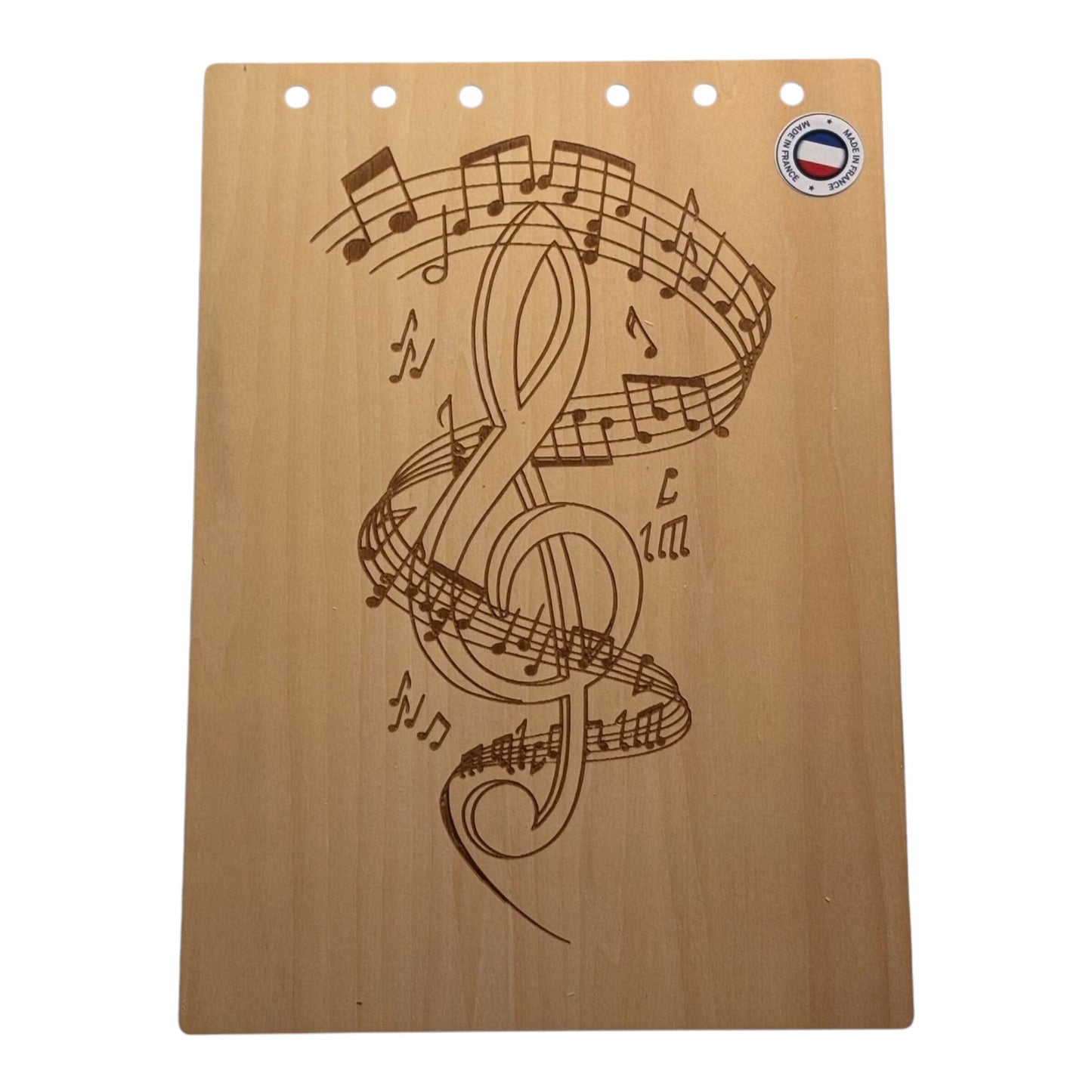 Couverture bloc note A5  Clé de sol entourée de notes de musique graver au laser rechargeable et ecologique fabrication francaise et artisanale