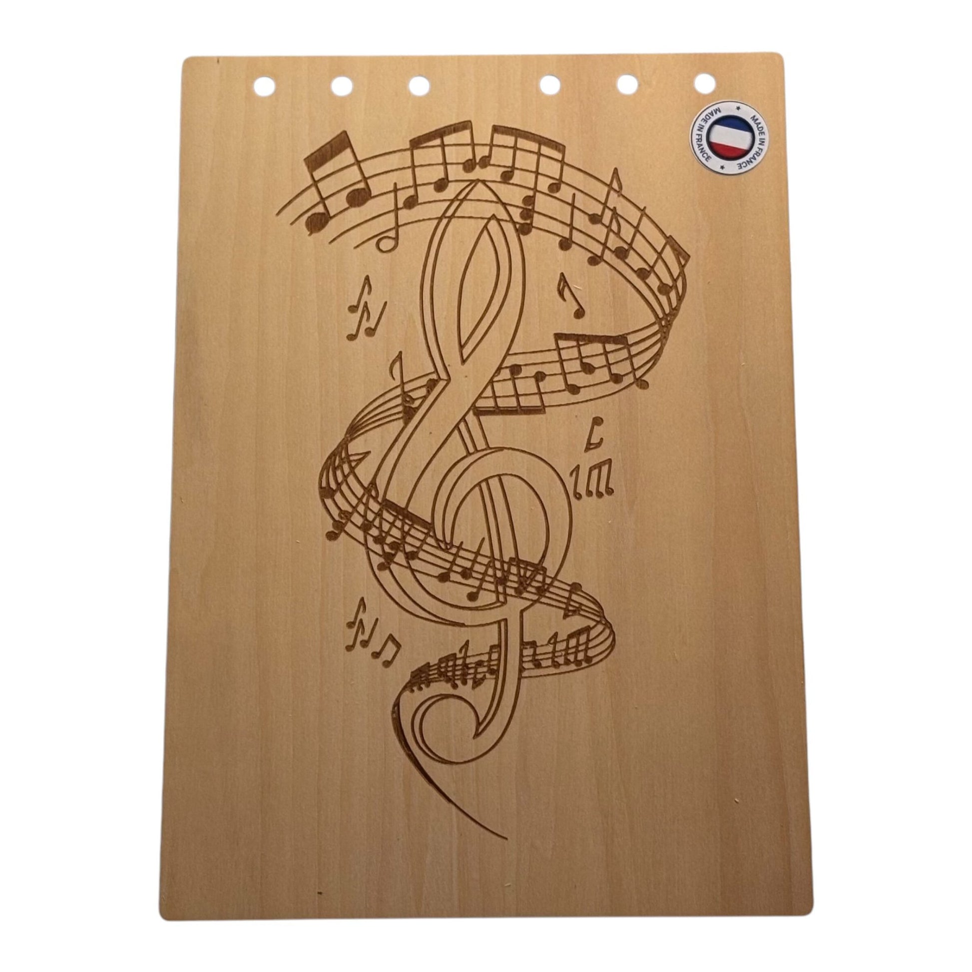 Couverture bloc note A5  Clé de sol entourée de notes de musique graver au laser rechargeable et ecologique fabrication francaise et artisanale