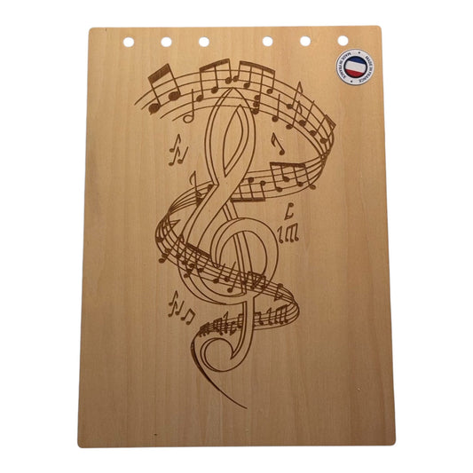 Couverture bloc note A5  Clé de sol entourée de notes de musique graver au laser rechargeable et ecologique fabrication francaise et artisanale