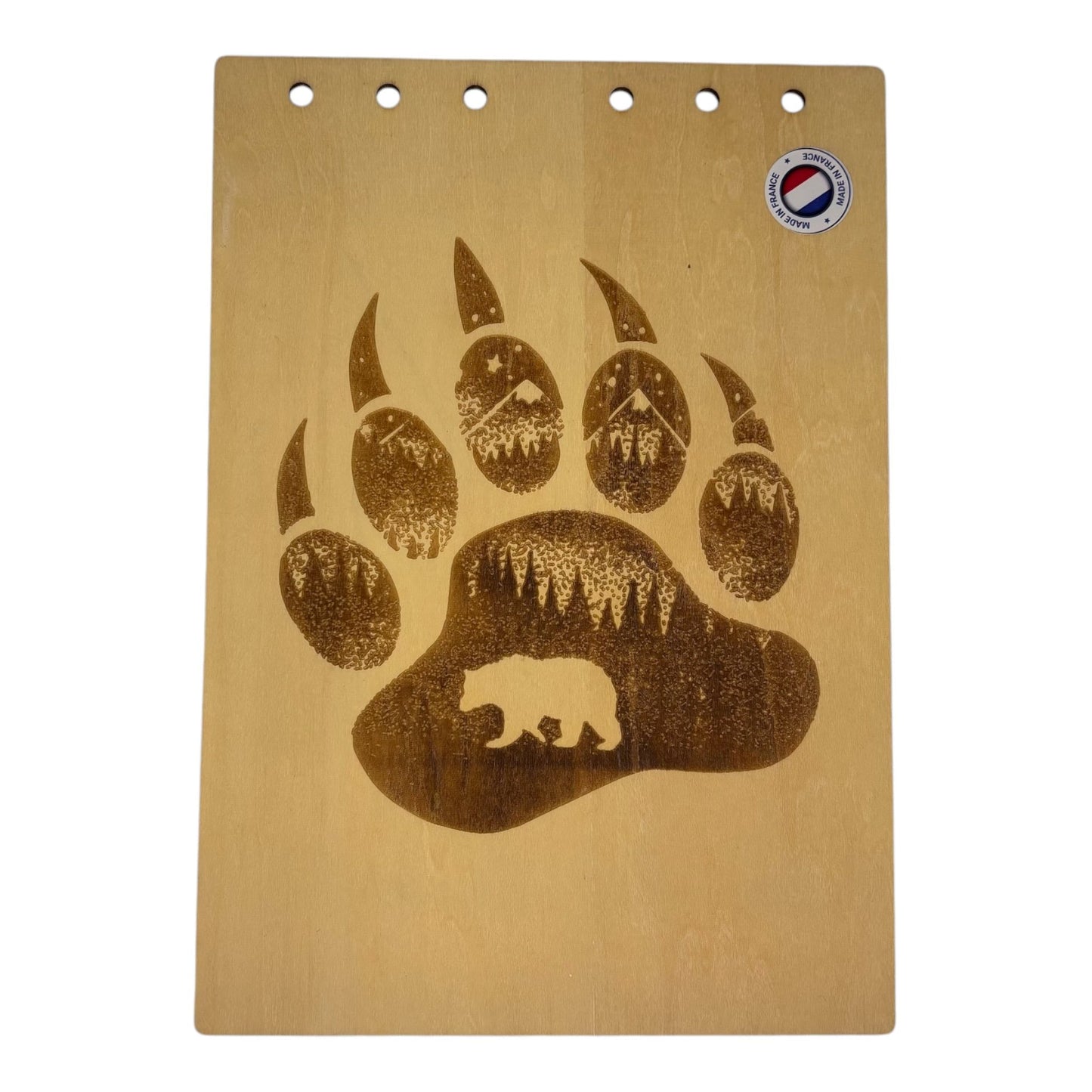 Couverture bloc note  A5 Patte d'ours avec une silhouette d'oursgraver au laser rechargeable et ecologique fabrication francaise et artisanale