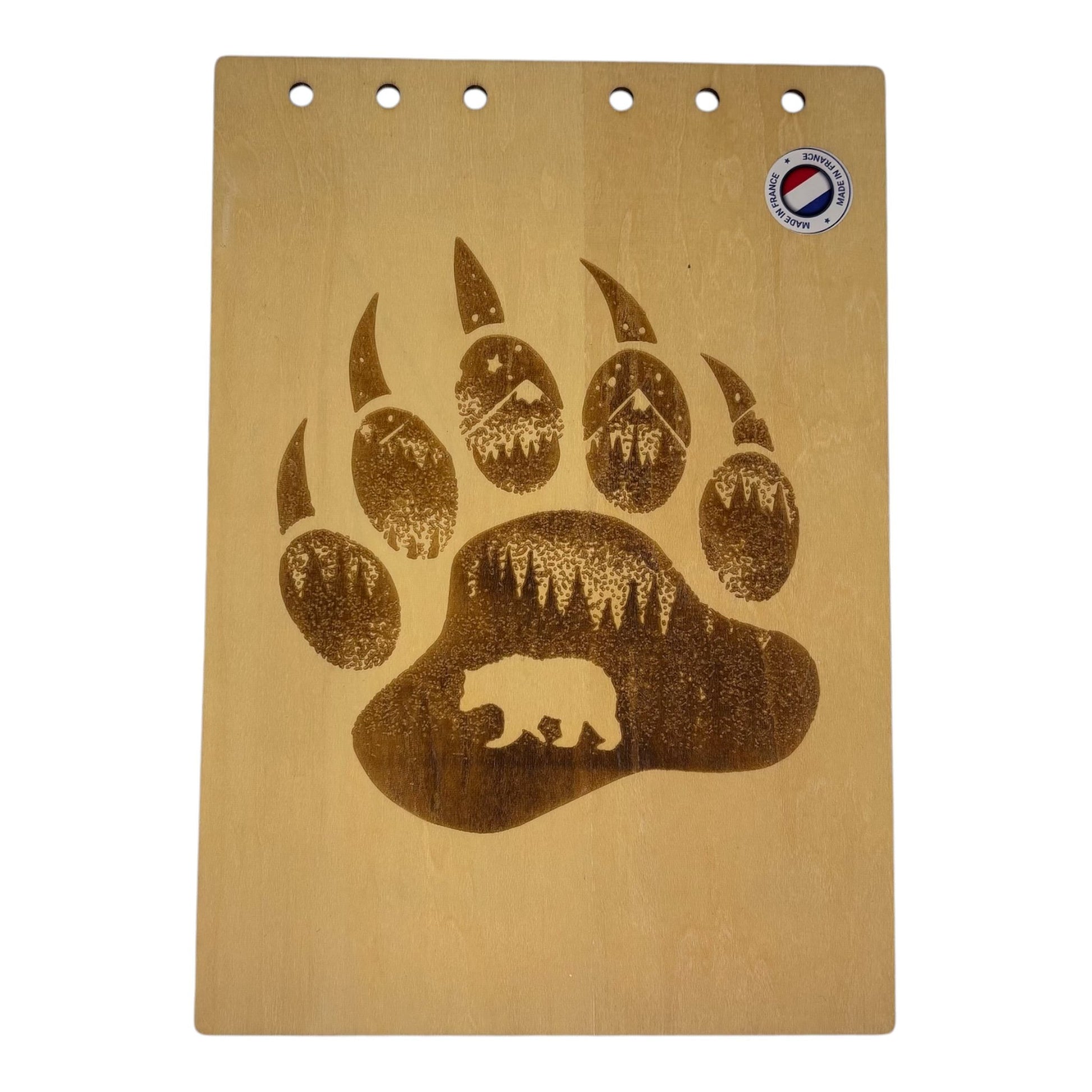 Couverture bloc note  A5 Patte d'ours avec une silhouette d'oursgraver au laser rechargeable et ecologique fabrication francaise et artisanale