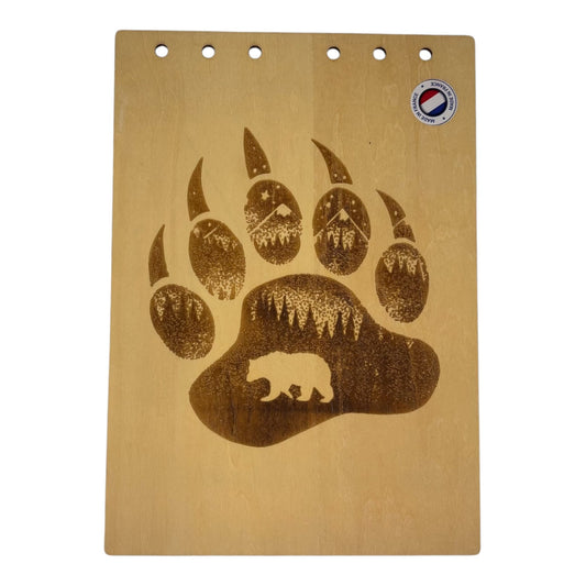 Couverture bloc note  A5 Patte d'ours avec une silhouette d'oursgraver au laser rechargeable et ecologique fabrication francaise et artisanale