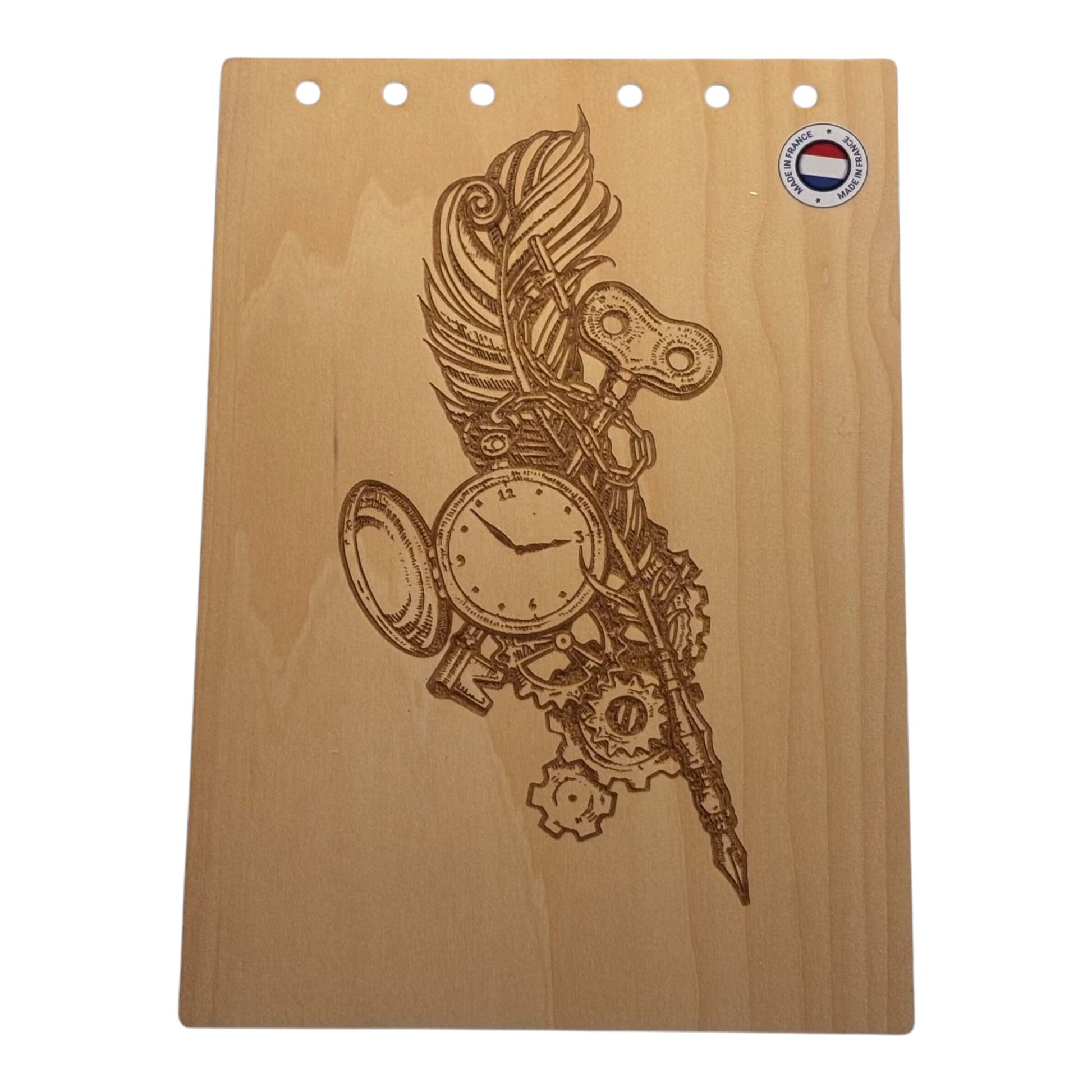 Couverture bloc note  A5 Plume et montre à gousset graver au laser rechargeable et ecologique fabrication francaise et artisanale